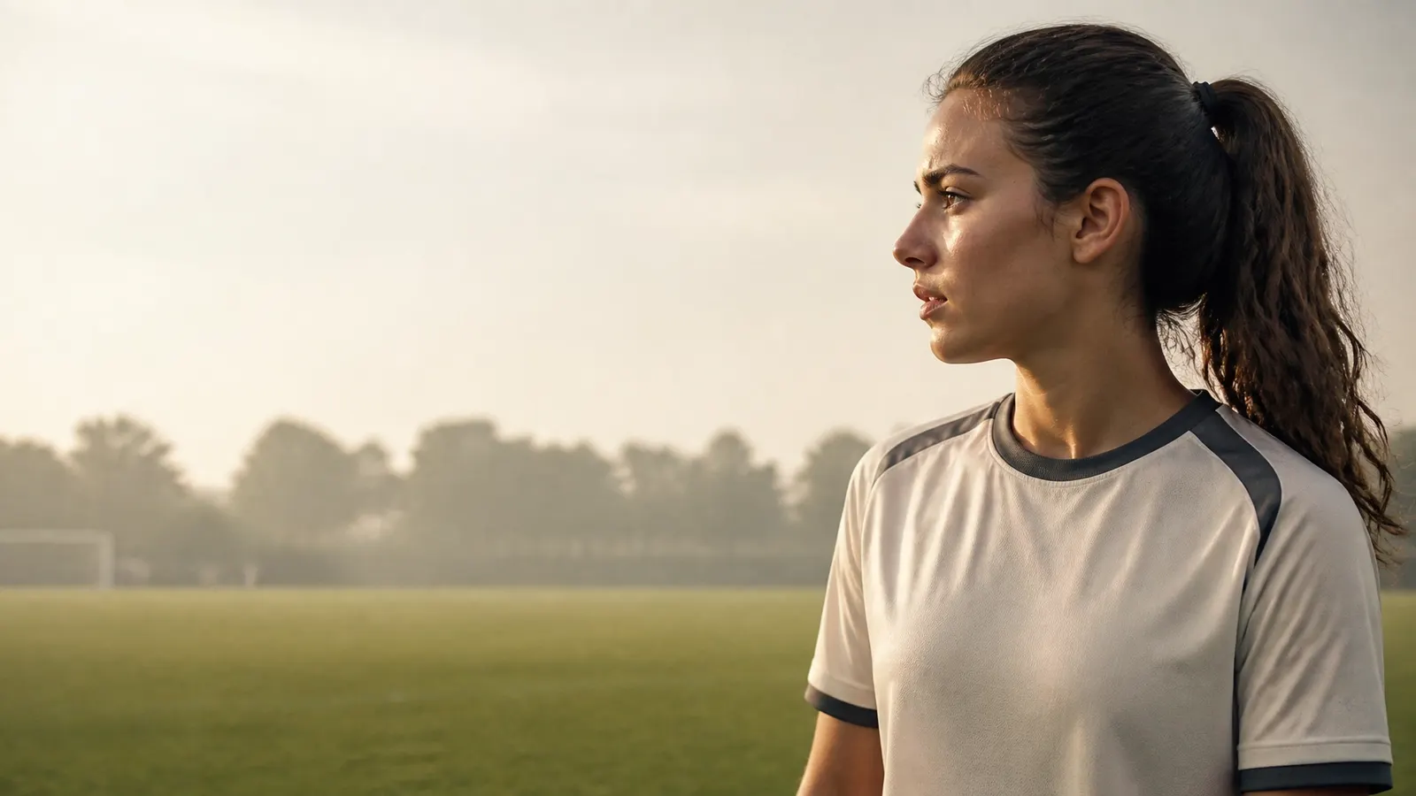 Female football player looking across a softly lit training ground